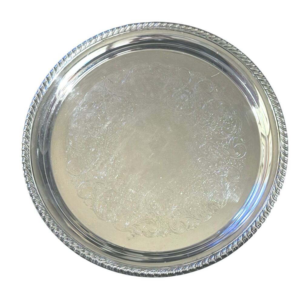 1960s International Silver Co 12” Round Serving Tray Rope Edge Floral Scrollwork